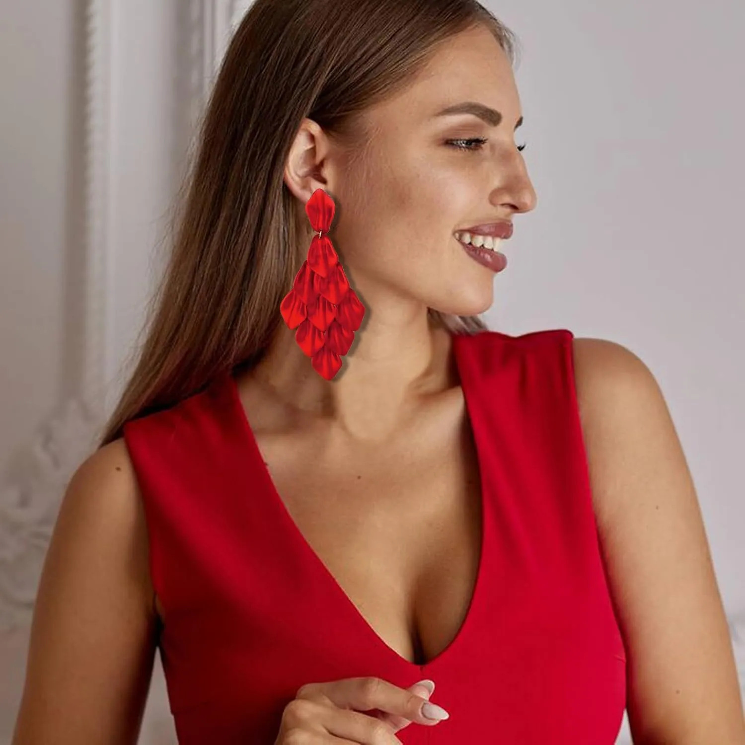 Halawly Long Rose Petal Earrings for Women Boho Acrylic Flower Drop Dangle Earrings Big Bold Colorful Fashion Rhombic Statement Costume Jewelry Gifts