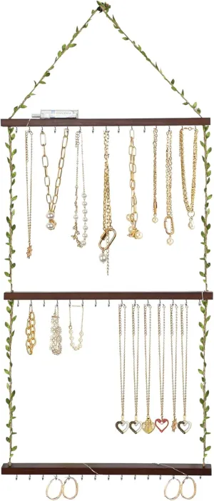 Hanging Jewelry Necklace Organizer,Large Capacity Wall Mounted Jewelry Rack with 45 Hooks,Necklace Holder for Earrings,Necklaces,BraceletsDark Walnut