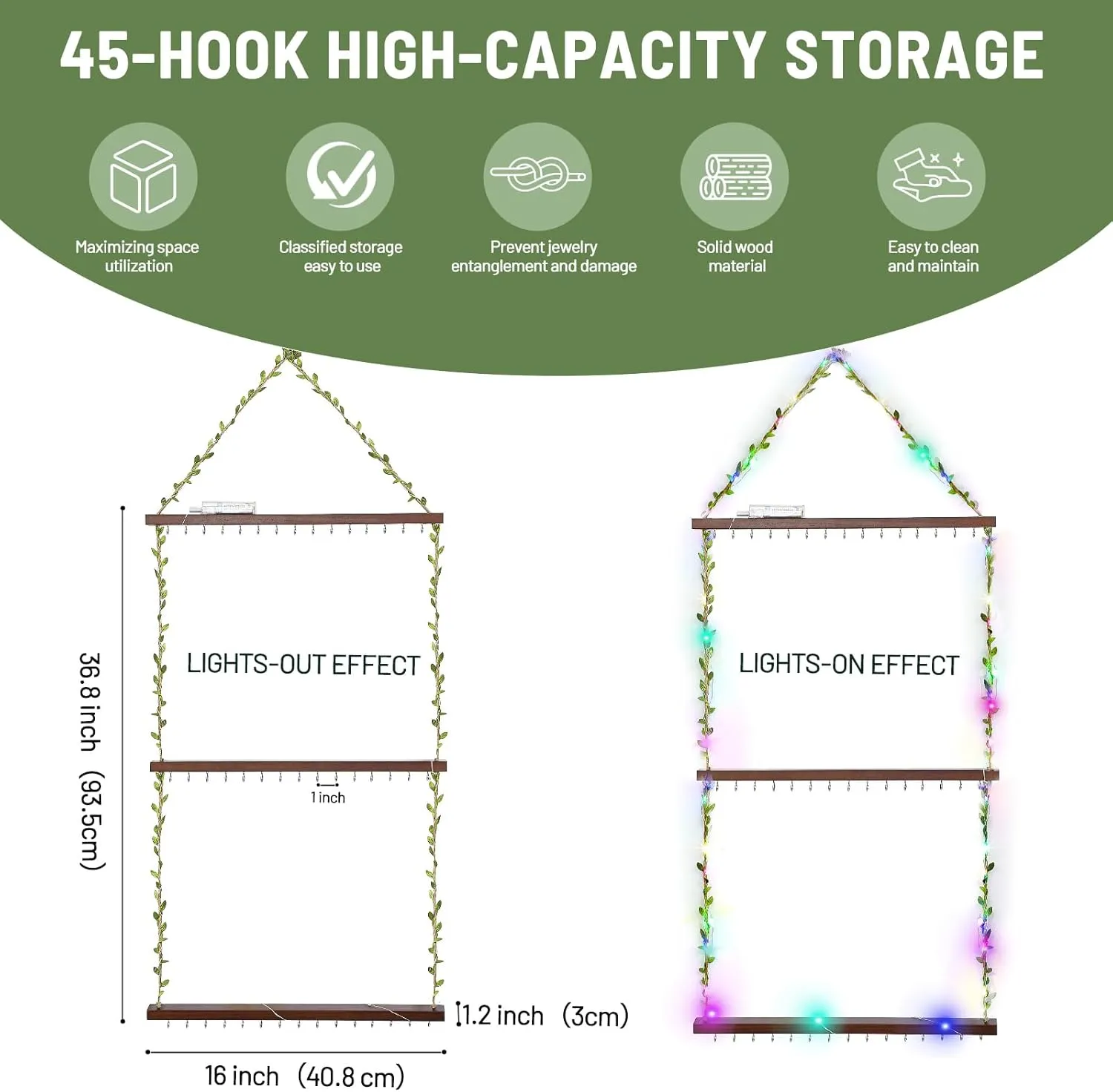 Hanging Jewelry Necklace Organizer,Large Capacity Wall Mounted Jewelry Rack with 45 Hooks,Necklace Holder for Earrings,Necklaces,BraceletsDark Walnut