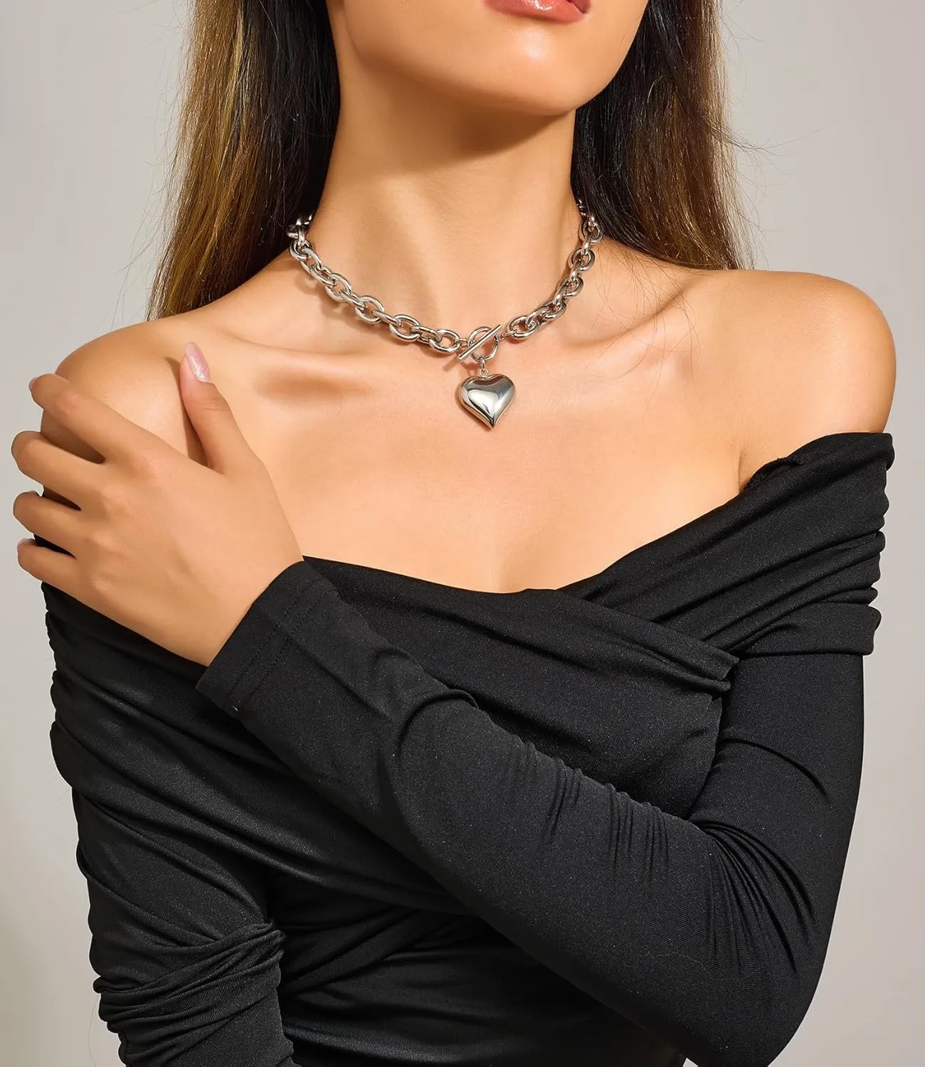 Heart Pendant Necklaces for Women Statement Chunky Chain Necklace Love Heart Charm Choker Necklace