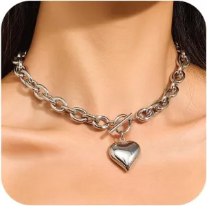 Heart Pendant Necklaces for Women Statement Chunky Chain Necklace Love Heart Charm Choker Necklace