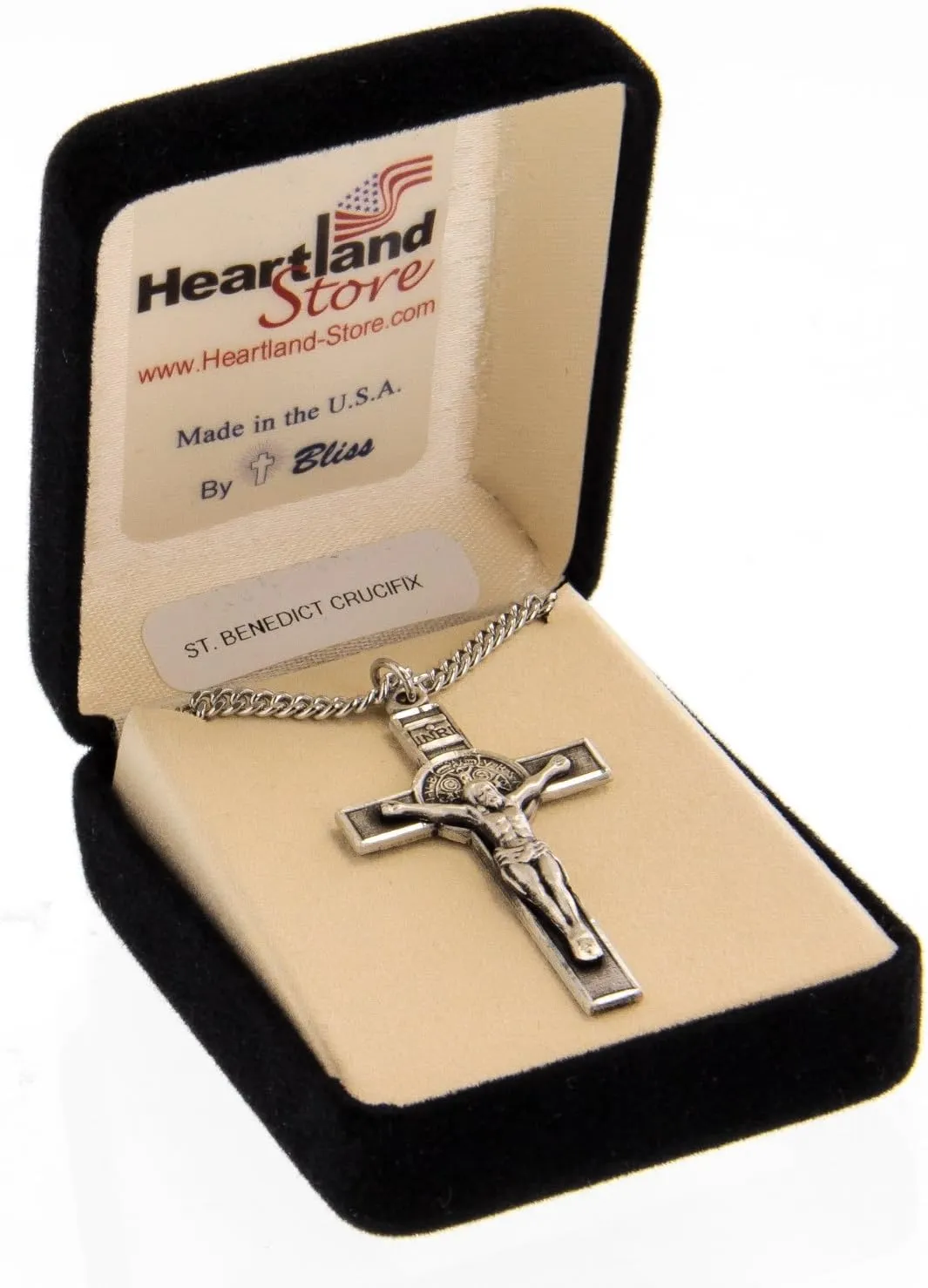 Heartland Men's Sterling Silver Chain Necklace with St. Benedict Crucifix Pendant - Elegant Design, Perfect for Everyday Wear or Special Occasions, Durable and Stylish Accessory - USA Made
