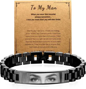 HJX Personalized Eyes Photo Bracelet for Men Custom Engraved Bracelets with Photo Text Personalized Gift To My Man/Son/Dad
