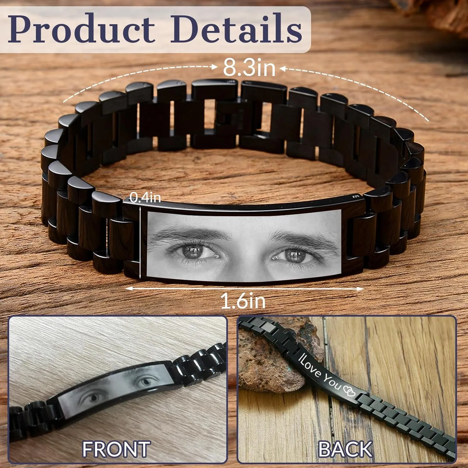 HJX Personalized Eyes Photo Bracelet for Men Custom Engraved Bracelets with Photo Text Personalized Gift To My Man/Son/Dad