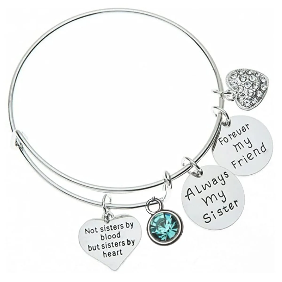 Infinity Collection - Personalized Friendship Bracelet - Birthstone, Initial & Engraved "Not Sisters By Blood But Sisters By Heart" Charm - Gift for Friend
