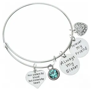 Infinity Collection - Personalized Friendship Bracelet - Birthstone, Initial & Engraved "Not Sisters By Blood But Sisters By Heart" Charm - Gift for Friend