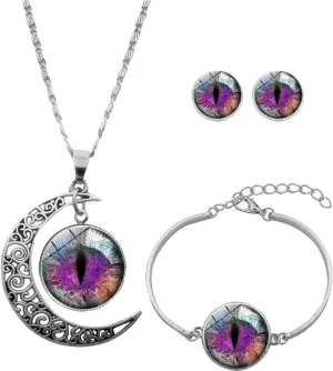 JczR.Y Classic Cat Eyes Crystal Jewelry Sets Dragon Eyes Moon Shape Necklace Bracelet Earrings for Women Fashion Jewelry
