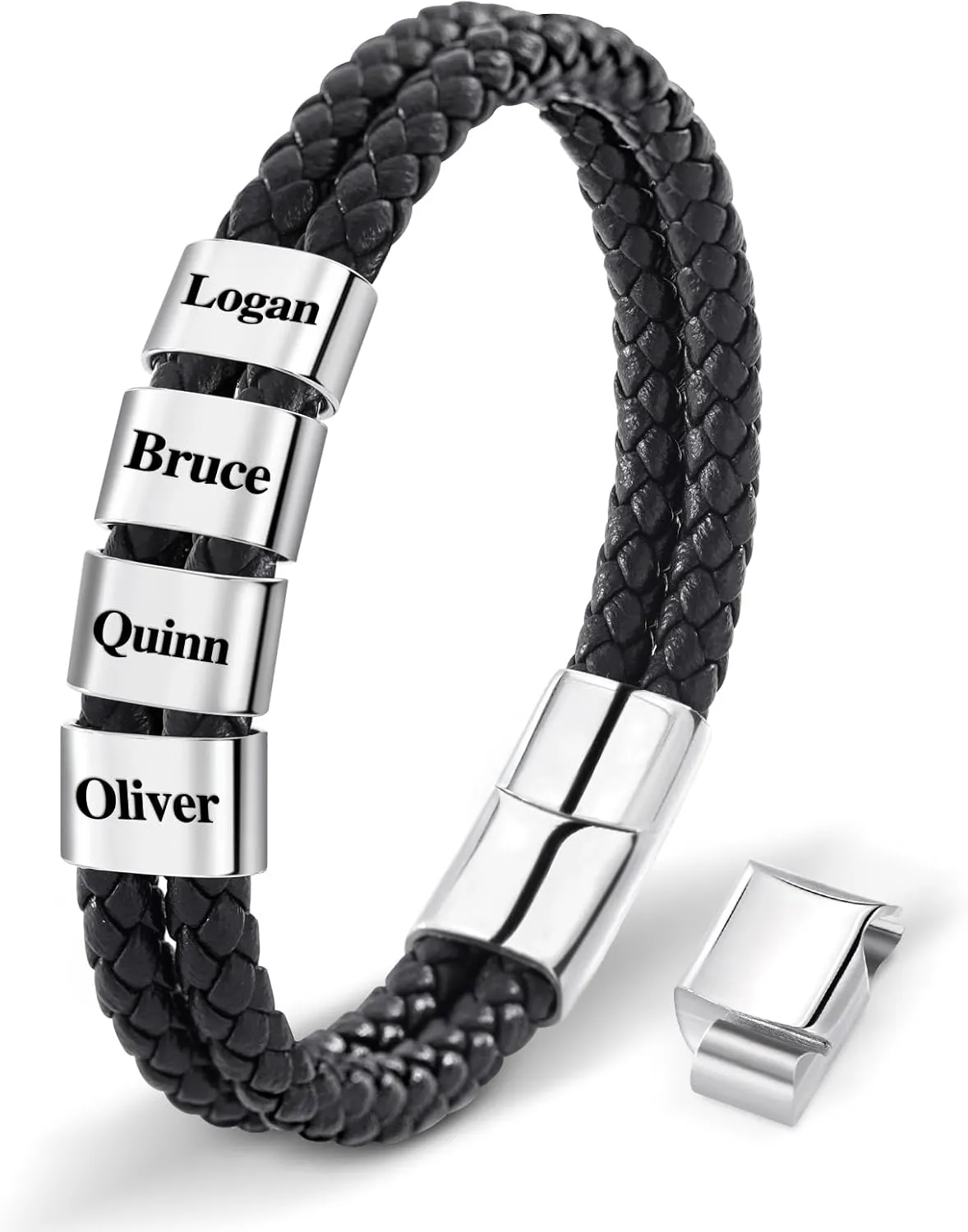 Jecivila Personalized Mens Leather Bracelet Engraved 1-8 Names Customized Braided Leather Bracelet with Silver Custom Beads for Men Fathers Husband Brothers