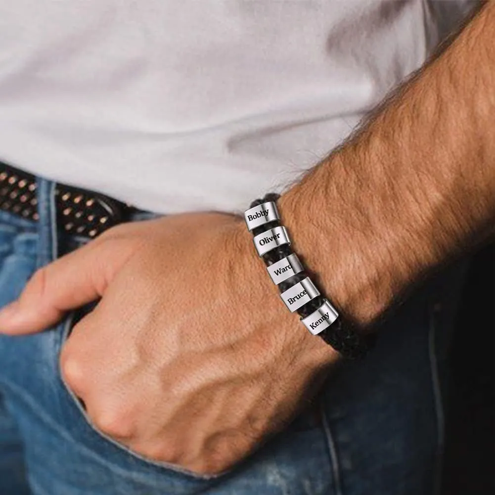 Jecivila Personalized Mens Leather Bracelet Engraved 1-8 Names Customized Braided Leather Bracelet with Silver Custom Beads for Men Fathers Husband Brothers