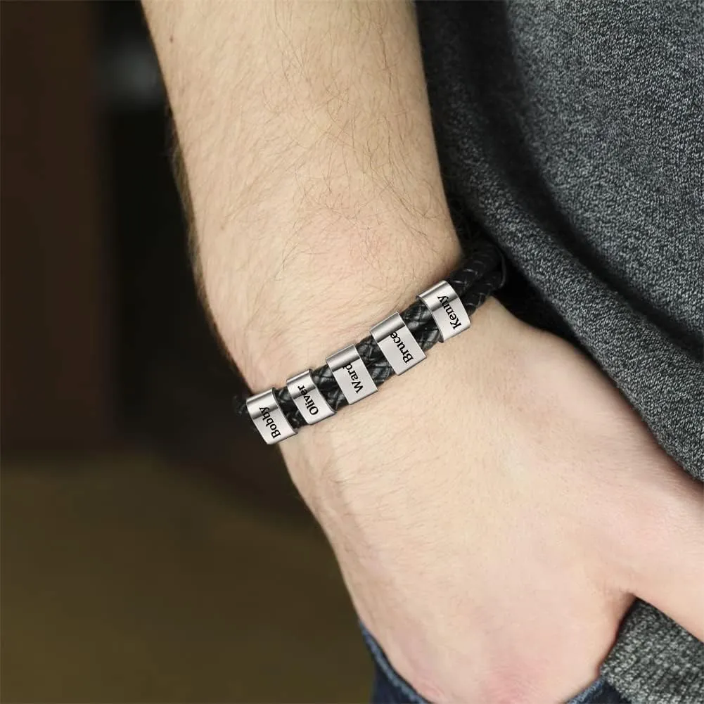 Jecivila Personalized Mens Leather Bracelet Engraved 1-8 Names Customized Braided Leather Bracelet with Silver Custom Beads for Men Fathers Husband Brothers