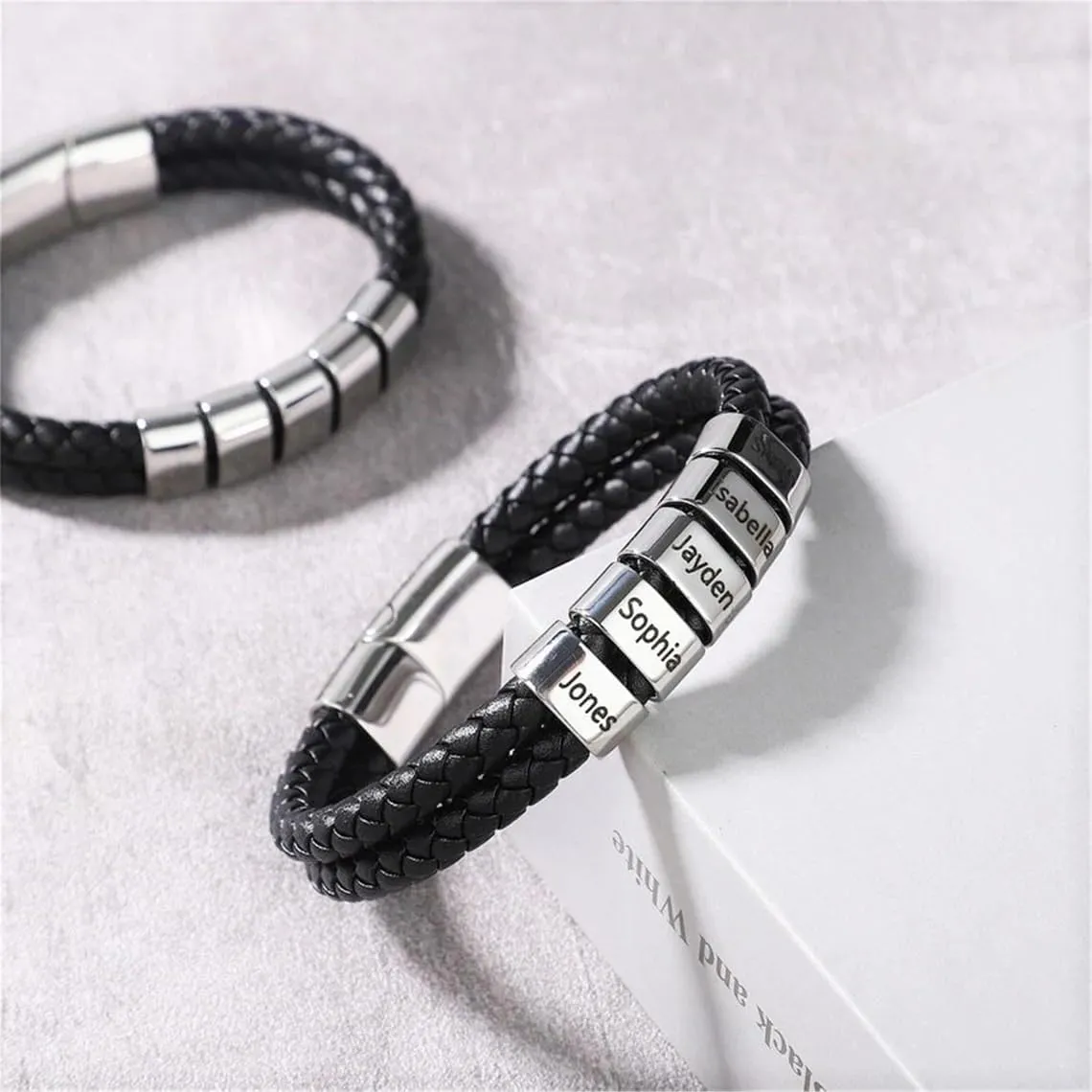 Jecivila Personalized Mens Leather Bracelet Engraved 1-8 Names Customized Braided Leather Bracelet with Silver Custom Beads for Men Fathers Husband Brothers