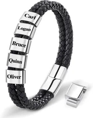 Jecivila Personalized Mens Leather Bracelet Engraved 1-8 Names Customized Braided Leather Bracelet with Silver Custom Beads for Men Fathers Husband Brothers