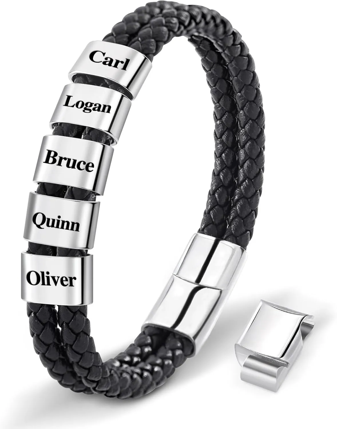 Jecivila Personalized Mens Leather Bracelet Engraved 1-8 Names Customized Braided Leather Bracelet with Silver Custom Beads for Men Fathers Husband Brothers