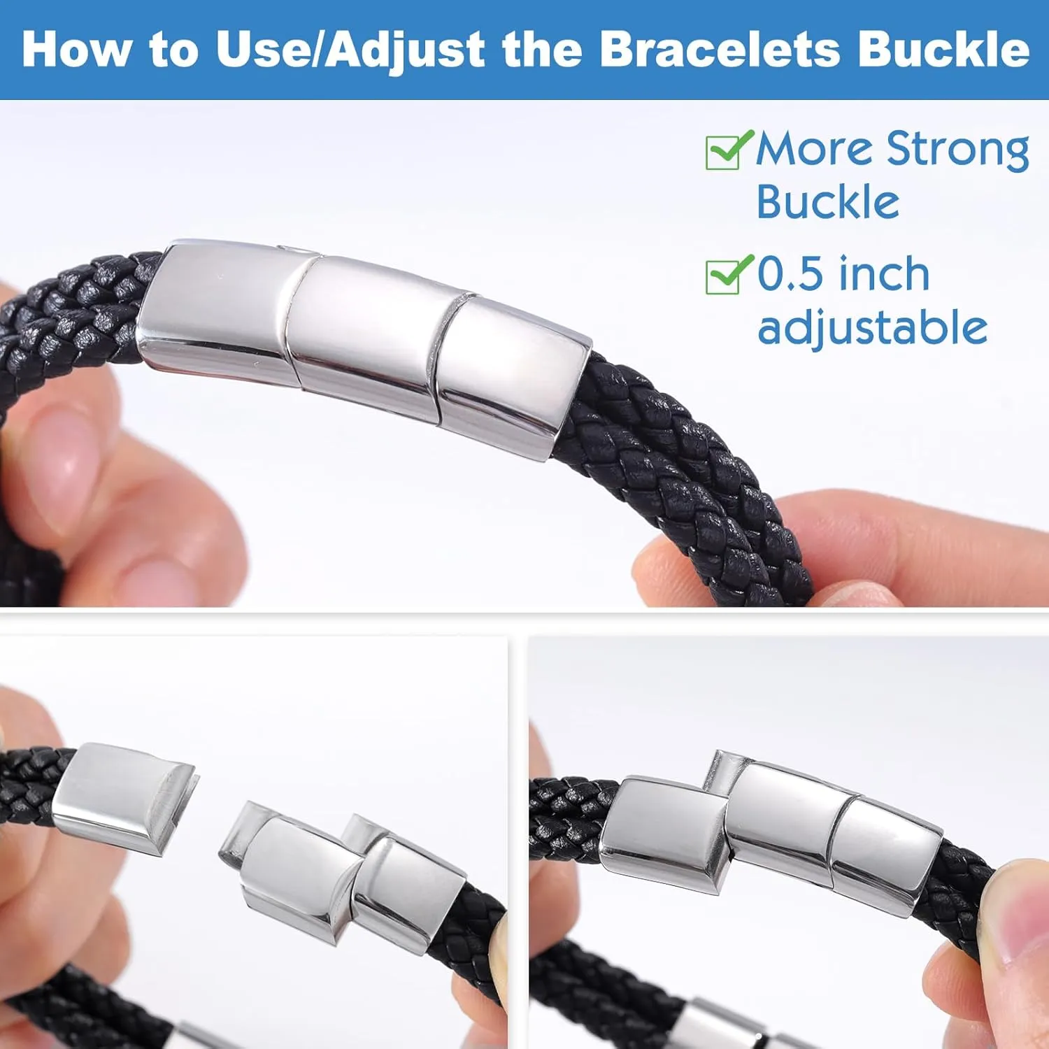 Jecivila Personalized Mens Leather Bracelet Engraved 1-8 Names Customized Braided Leather Bracelet with Silver Custom Beads for Men Fathers Husband Brothers