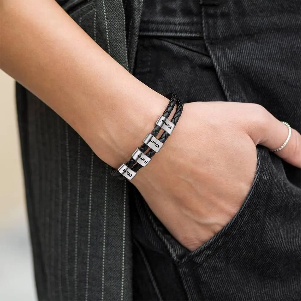 Jecivila Personalized Mens Leather Bracelet Engraved 1-8 Names Customized Braided Leather Bracelet with Silver Custom Beads for Men Fathers Husband Brothers