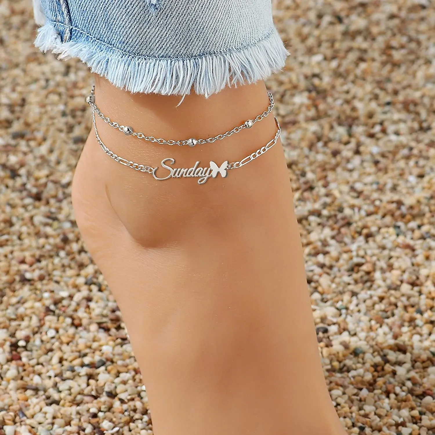 Jecivila Personalized Name Anklet Bracelet for Women Silver Layered Beaded Butterfly Anklet Adjustable Custom Initial Anklet Summer Beach Jewelry Gift for Women Girls