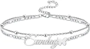 Jecivila Personalized Name Anklet Bracelet for Women Silver Layered Beaded Butterfly Anklet Adjustable Custom Initial Anklet Summer Beach Jewelry Gift for Women Girls