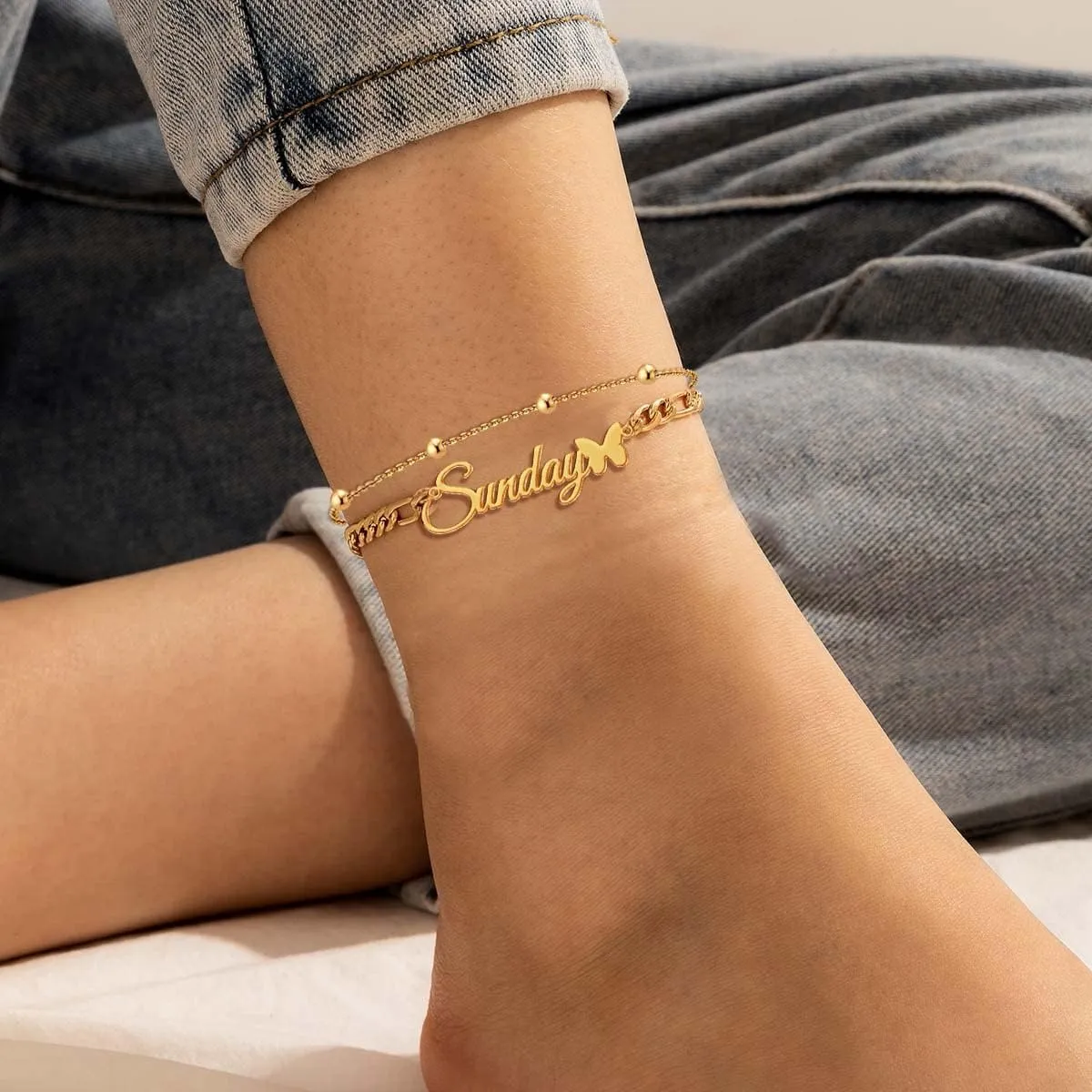 Jecivila Personalized Name Anklet Bracelet for Women Silver Layered Beaded Butterfly Anklet Adjustable Custom Initial Anklet Summer Beach Jewelry Gift for Women Girls