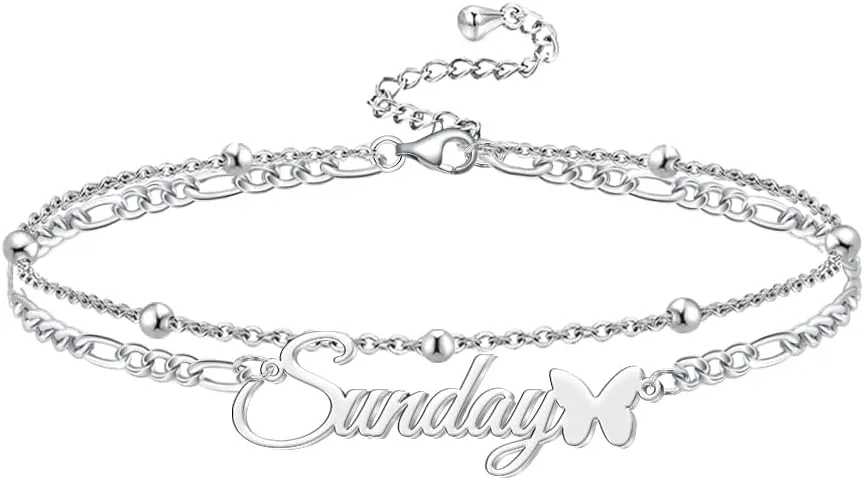 Jecivila Personalized Name Anklet Bracelet for Women Silver Layered Beaded Butterfly Anklet Adjustable Custom Initial Anklet Summer Beach Jewelry Gift for Women Girls