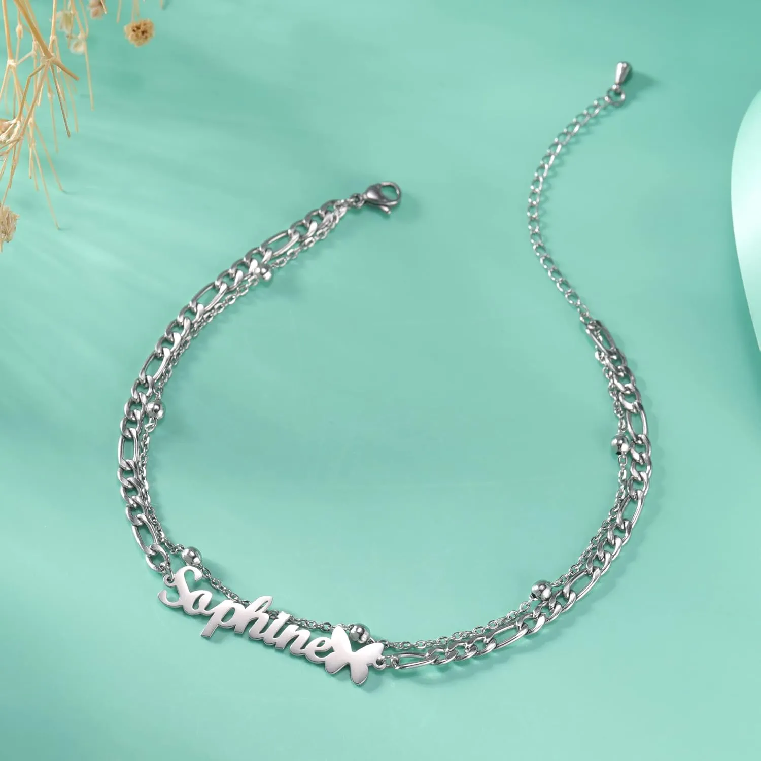Jecivila Personalized Name Anklet Bracelet for Women Silver Layered Beaded Butterfly Anklet Adjustable Custom Initial Anklet Summer Beach Jewelry Gift for Women Girls