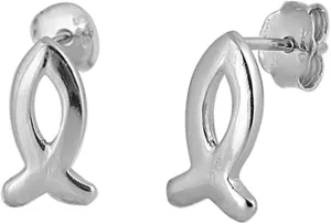 Jesus Fish High Polish Icthus Religious Symbol .925 Sterling Silver Classic Stud Earrings