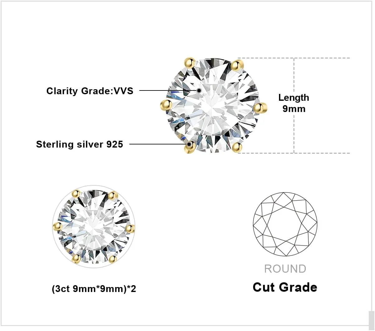 JewelryPalace Round Cut 2-6ct Cubic Zirconia Solitaire Stud Earrings for Women, 925 Sterling Silver 14k White Yellow Rose Gold Plated Earrings for Her, Classic Simulated Diamond Earrings Jewelry Sets