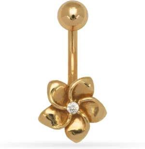 JewelryWeb - Solid 14k Gold Cubic Zirconia Plumeria Flower Belly Button Ring - 8mm x 20mm - Curved Barbell Navel Piercing for Women - Belly Piercing Jewelry