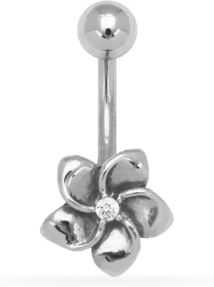 JewelryWeb - Solid 14k Gold Cubic Zirconia Plumeria Flower Belly Button Ring - 8mm x 20mm - Curved Barbell Navel Piercing for Women - Belly Piercing Jewelry