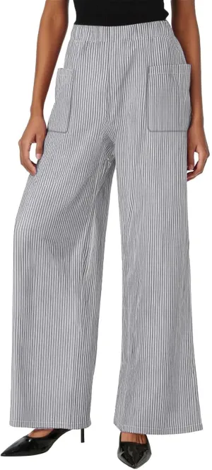 JOAU Women's Striped Print Elastic High Waist Wide Leg Pants Summer Casual Loose Palazzo Beach Trousers with Front Pockets