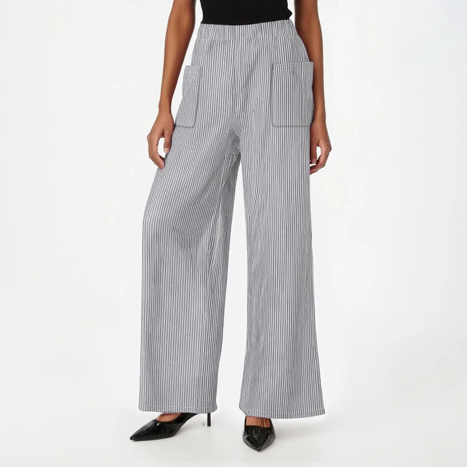 JOAU Women's Striped Print Elastic High Waist Wide Leg Pants Summer Casual Loose Palazzo Beach Trousers with Front Pockets