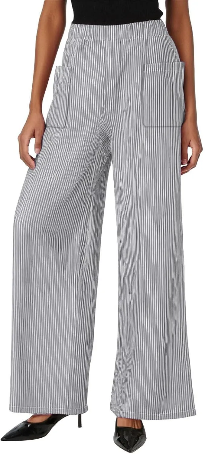 JOAU Women's Striped Print Elastic High Waist Wide Leg Pants Summer Casual Loose Palazzo Beach Trousers with Front Pockets