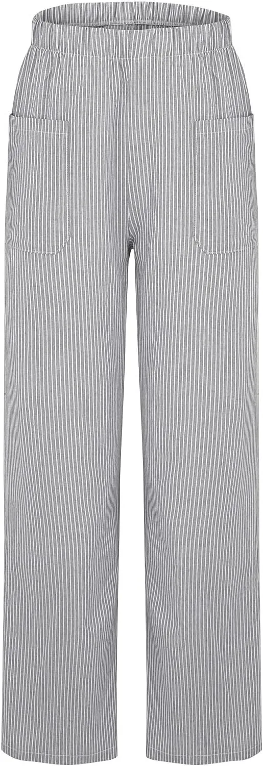 JOAU Women's Striped Print Elastic High Waist Wide Leg Pants Summer Casual Loose Palazzo Beach Trousers with Front Pockets