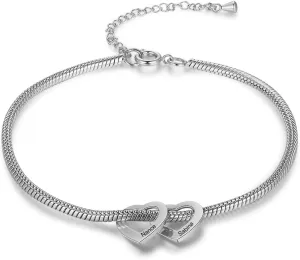 kaululu Personalized Ankle Bracelet for Women Custom Names Heart Bracelet for Mother Adjustable Stainless Steel Anklets for Wife Girls Daughter