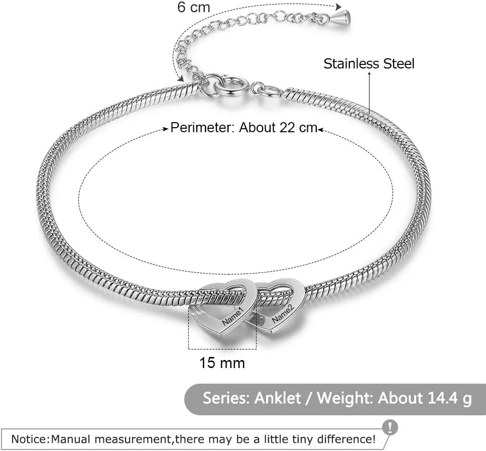 kaululu Personalized Ankle Bracelet for Women Custom Names Heart Bracelet for Mother Adjustable Stainless Steel Anklets for Wife Girls Daughter