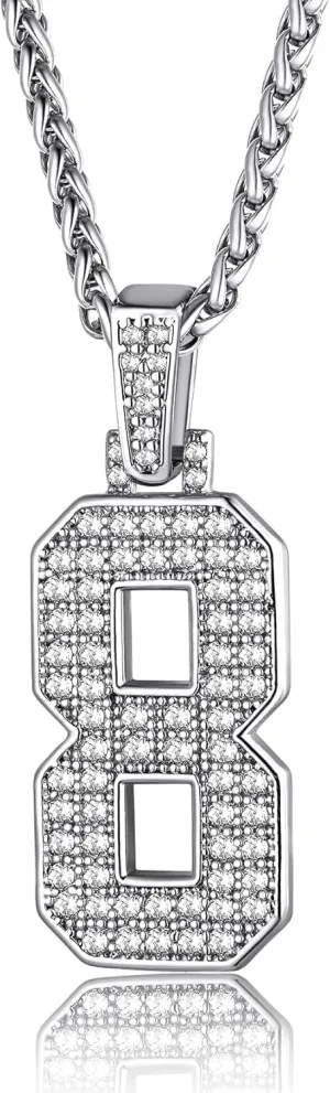 KeyStyle Number Necklaces For Men, Bling Numbers Chain Necklace Hip Hop Simulated Diamond Pendant with Tennis Chain Spiga Chains