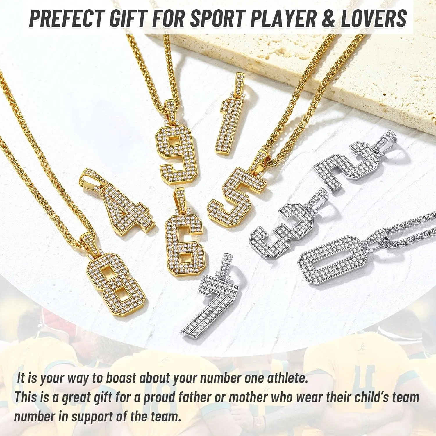 KeyStyle Number Necklaces For Men, Bling Numbers Chain Necklace Hip Hop Simulated Diamond Pendant with Tennis Chain Spiga Chains