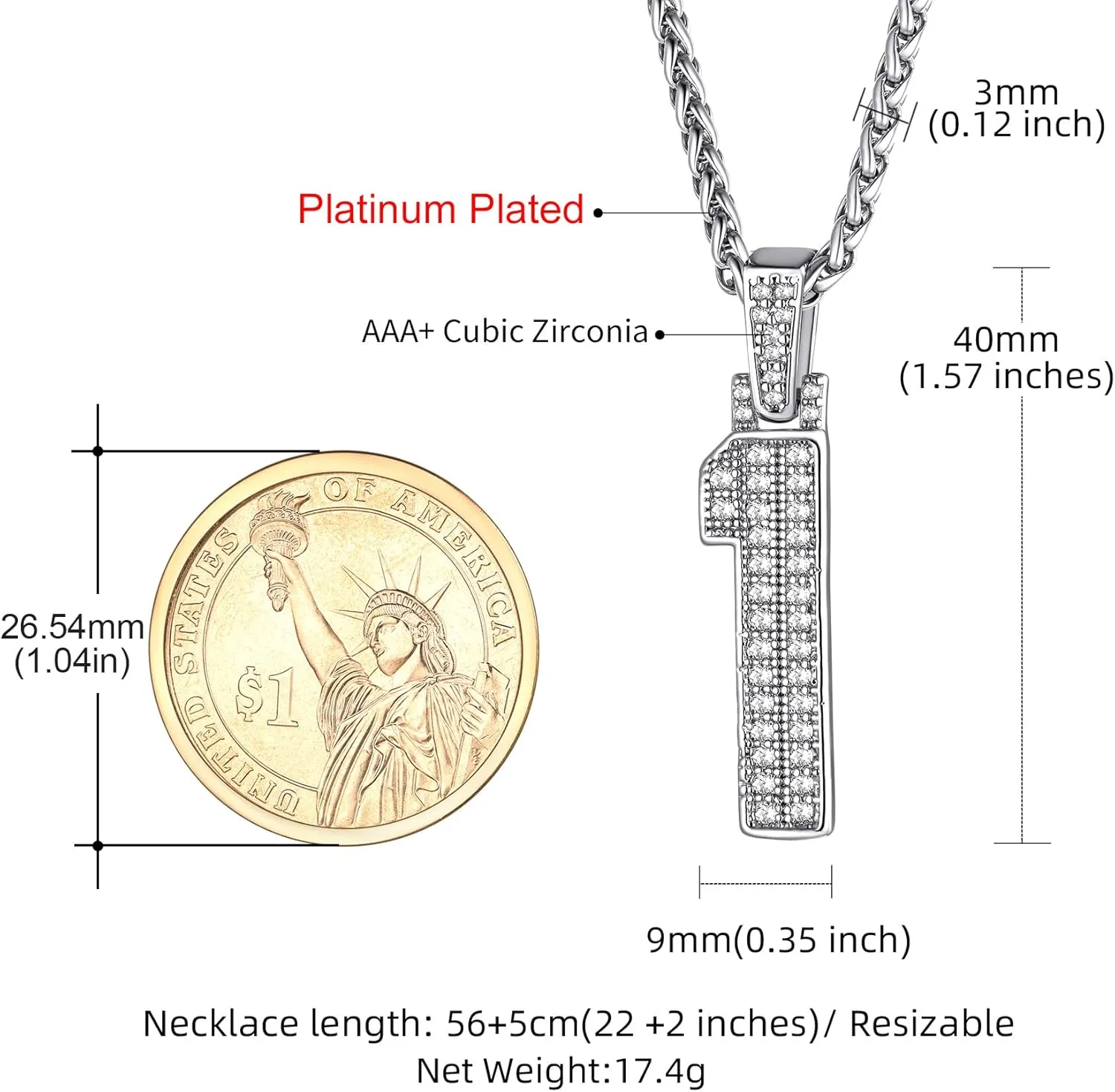 KeyStyle Number Necklaces For Men, Bling Numbers Chain Necklace Hip Hop Simulated Diamond Pendant with Tennis Chain Spiga Chains