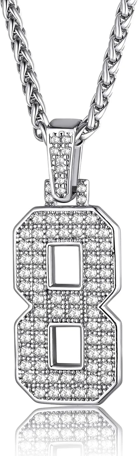 KeyStyle Number Necklaces For Men, Bling Numbers Chain Necklace Hip Hop Simulated Diamond Pendant with Tennis Chain Spiga Chains