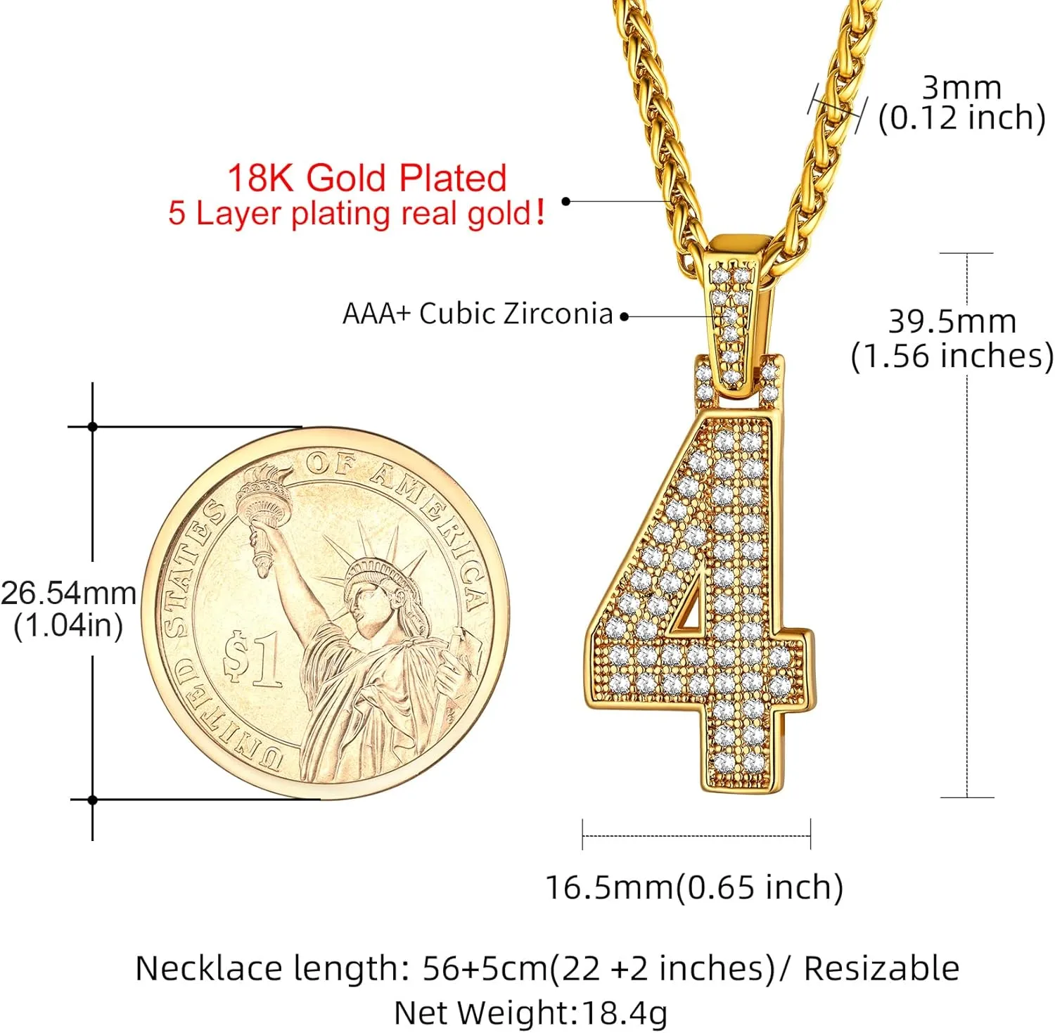 KeyStyle Number Necklaces For Men, Bling Numbers Chain Necklace Hip Hop Simulated Diamond Pendant with Tennis Chain Spiga Chains