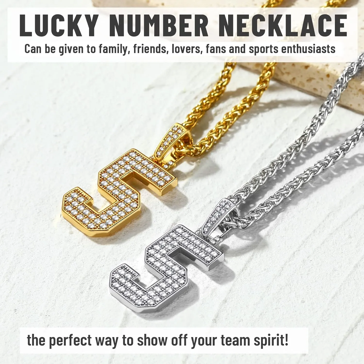 KeyStyle Number Necklaces For Men, Bling Numbers Chain Necklace Hip Hop Simulated Diamond Pendant with Tennis Chain Spiga Chains