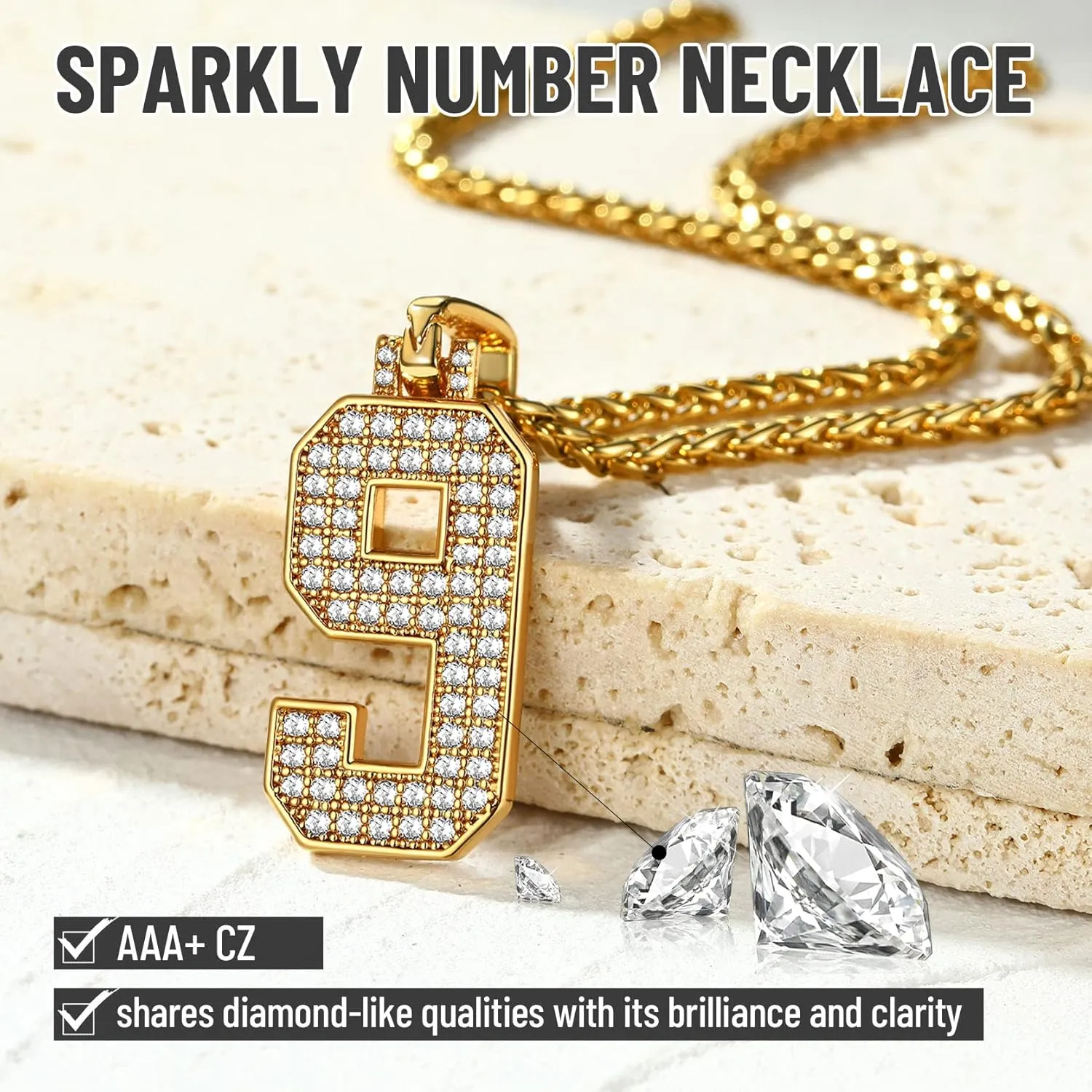 KeyStyle Number Necklaces For Men, Bling Numbers Chain Necklace Hip Hop Simulated Diamond Pendant with Tennis Chain Spiga Chains