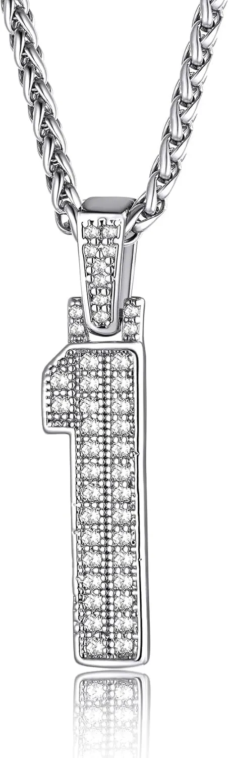 KeyStyle Number Necklaces For Men, Bling Numbers Chain Necklace Hip Hop Simulated Diamond Pendant with Tennis Chain Spiga Chains