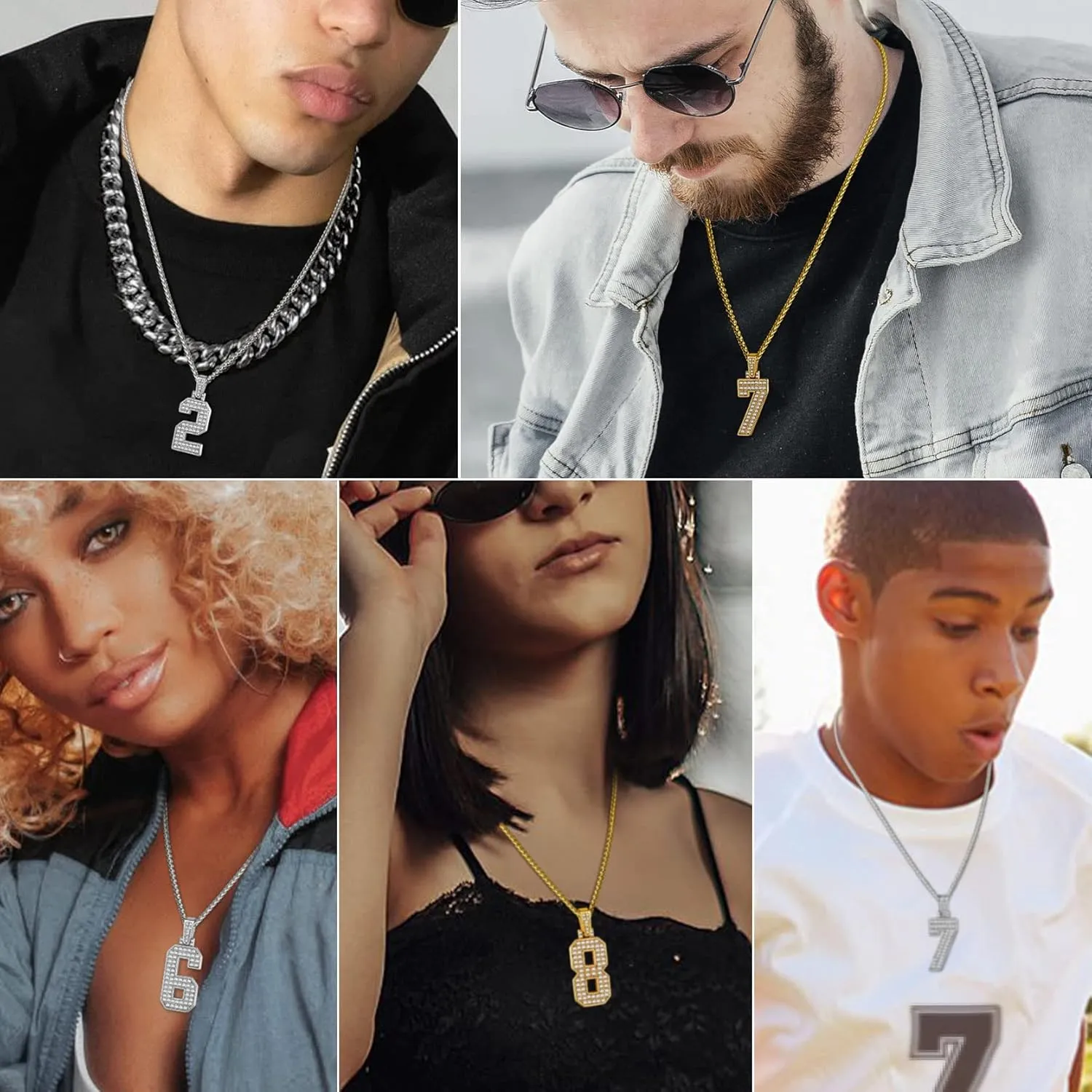 KeyStyle Number Necklaces For Men, Bling Numbers Chain Necklace Hip Hop Simulated Diamond Pendant with Tennis Chain Spiga Chains