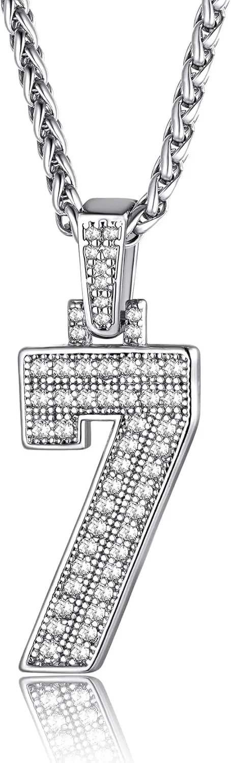 KeyStyle Number Necklaces For Men, Bling Numbers Chain Necklace Hip Hop Simulated Diamond Pendant with Tennis Chain Spiga Chains