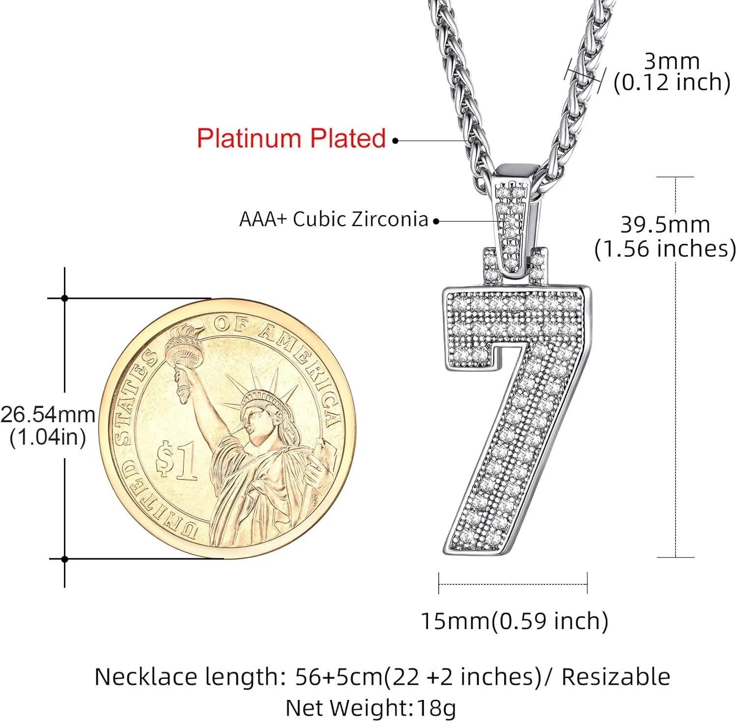 KeyStyle Number Necklaces For Men, Bling Numbers Chain Necklace Hip Hop Simulated Diamond Pendant with Tennis Chain Spiga Chains