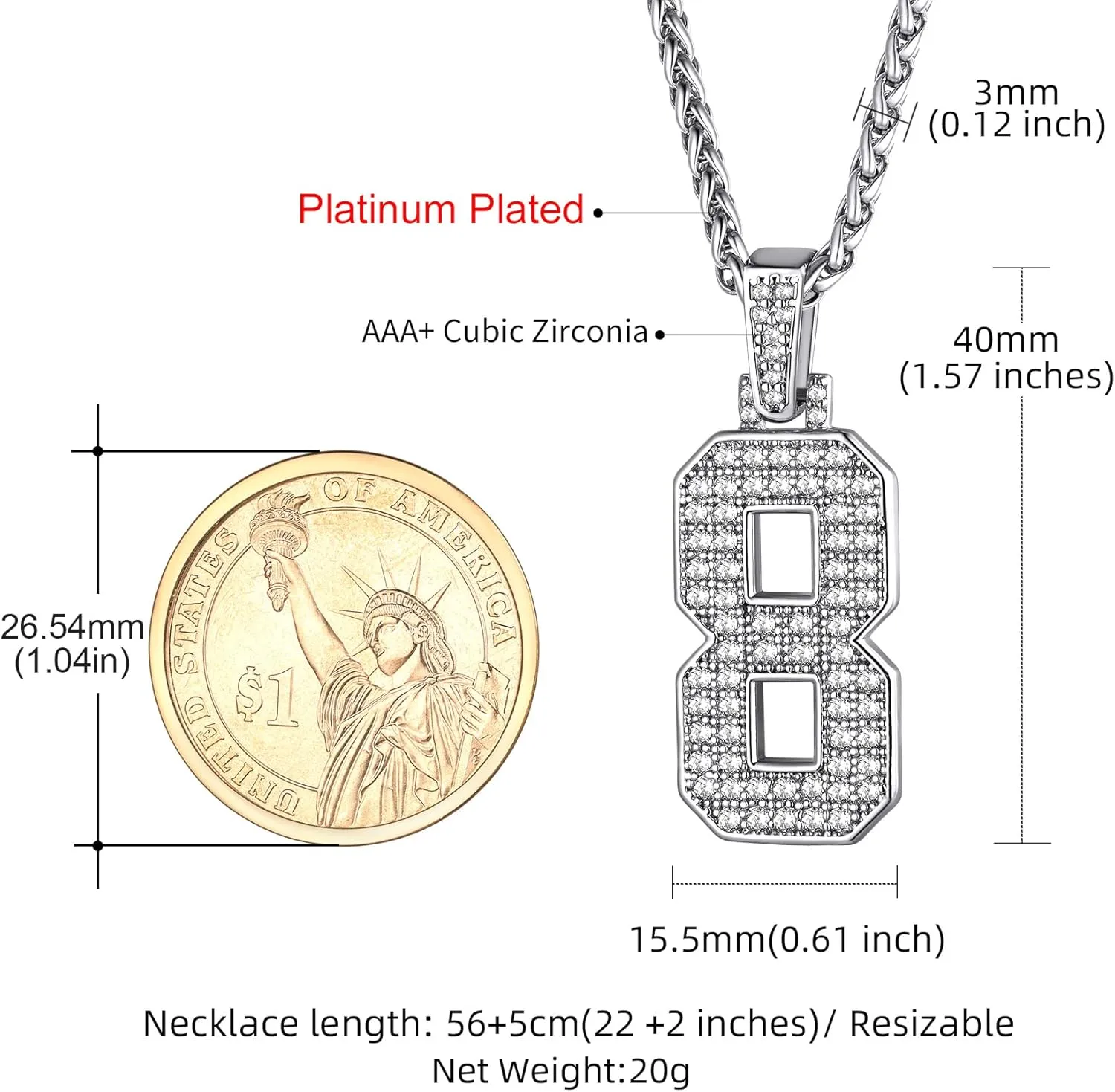 KeyStyle Number Necklaces For Men, Bling Numbers Chain Necklace Hip Hop Simulated Diamond Pendant with Tennis Chain Spiga Chains