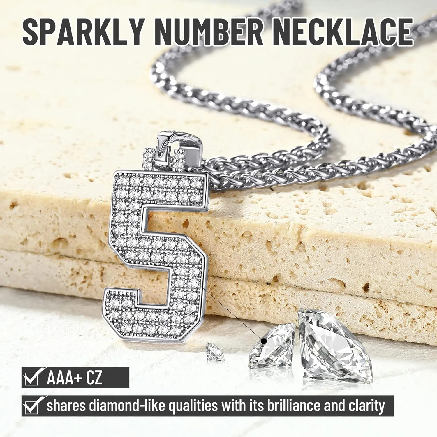 KeyStyle Number Necklaces For Men, Bling Numbers Chain Necklace Hip Hop Simulated Diamond Pendant with Tennis Chain Spiga Chains