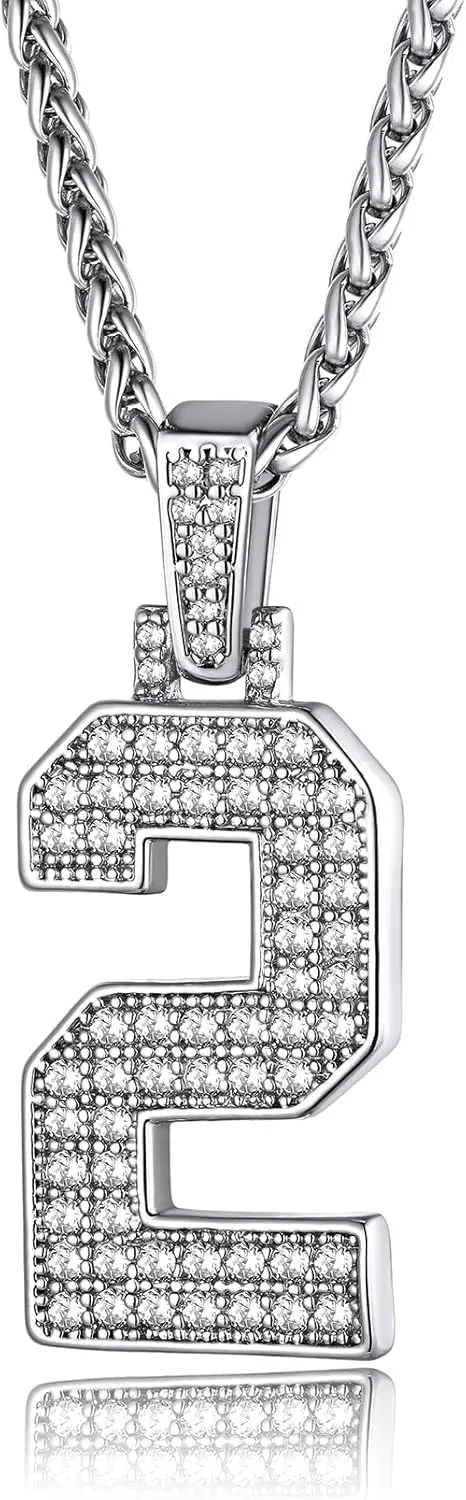 KeyStyle Number Necklaces For Men, Bling Numbers Chain Necklace Hip Hop Simulated Diamond Pendant with Tennis Chain Spiga Chains