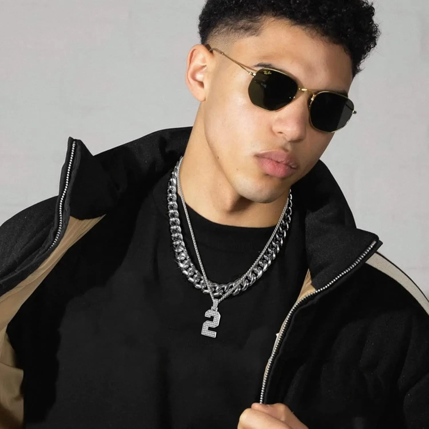 KeyStyle Number Necklaces For Men, Bling Numbers Chain Necklace Hip Hop Simulated Diamond Pendant with Tennis Chain Spiga Chains