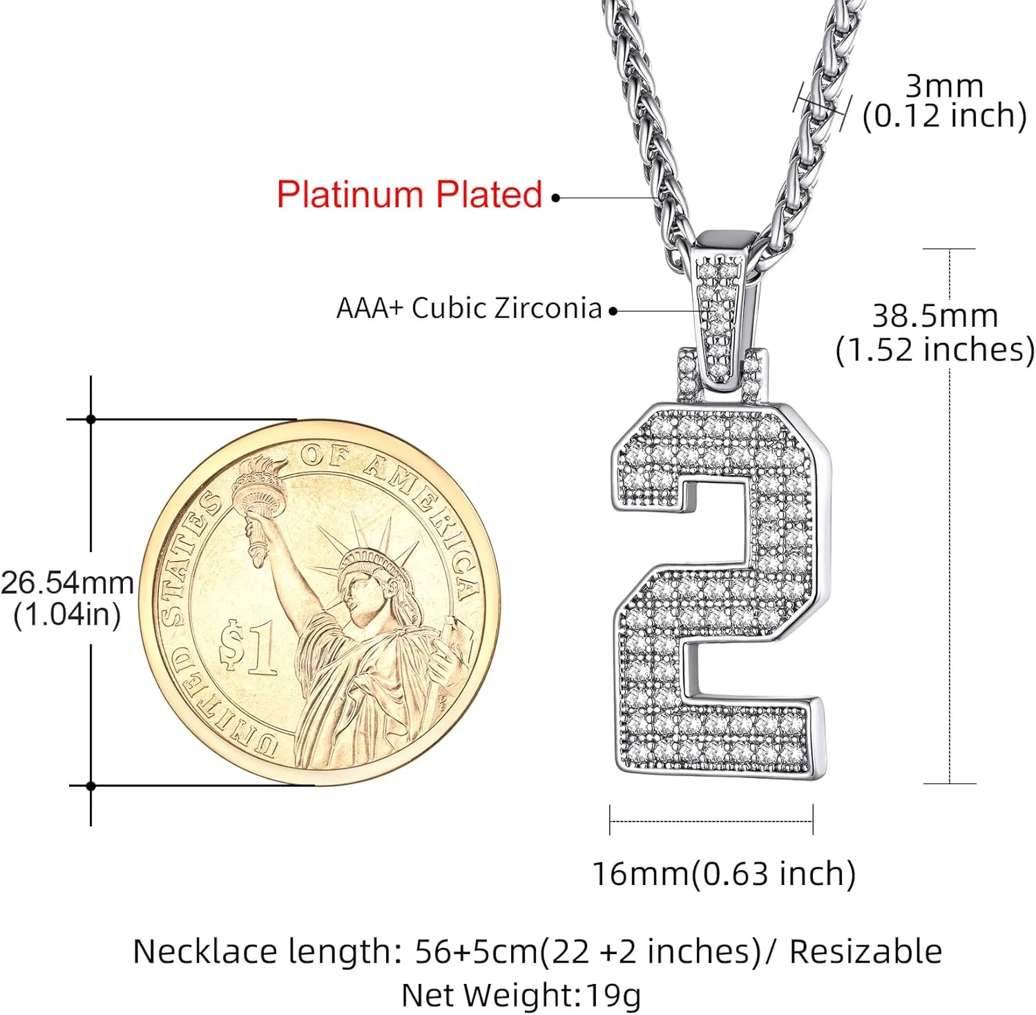 KeyStyle Number Necklaces For Men, Bling Numbers Chain Necklace Hip Hop Simulated Diamond Pendant with Tennis Chain Spiga Chains